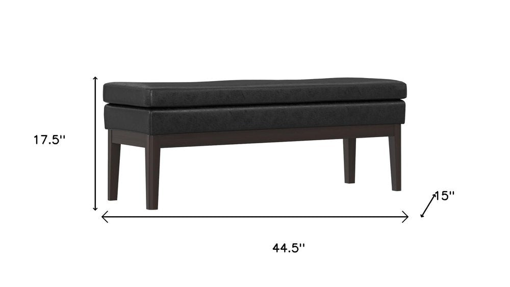45" Black and Walnut Faux Leather and Solid Wood Upholstered Distressed Bench