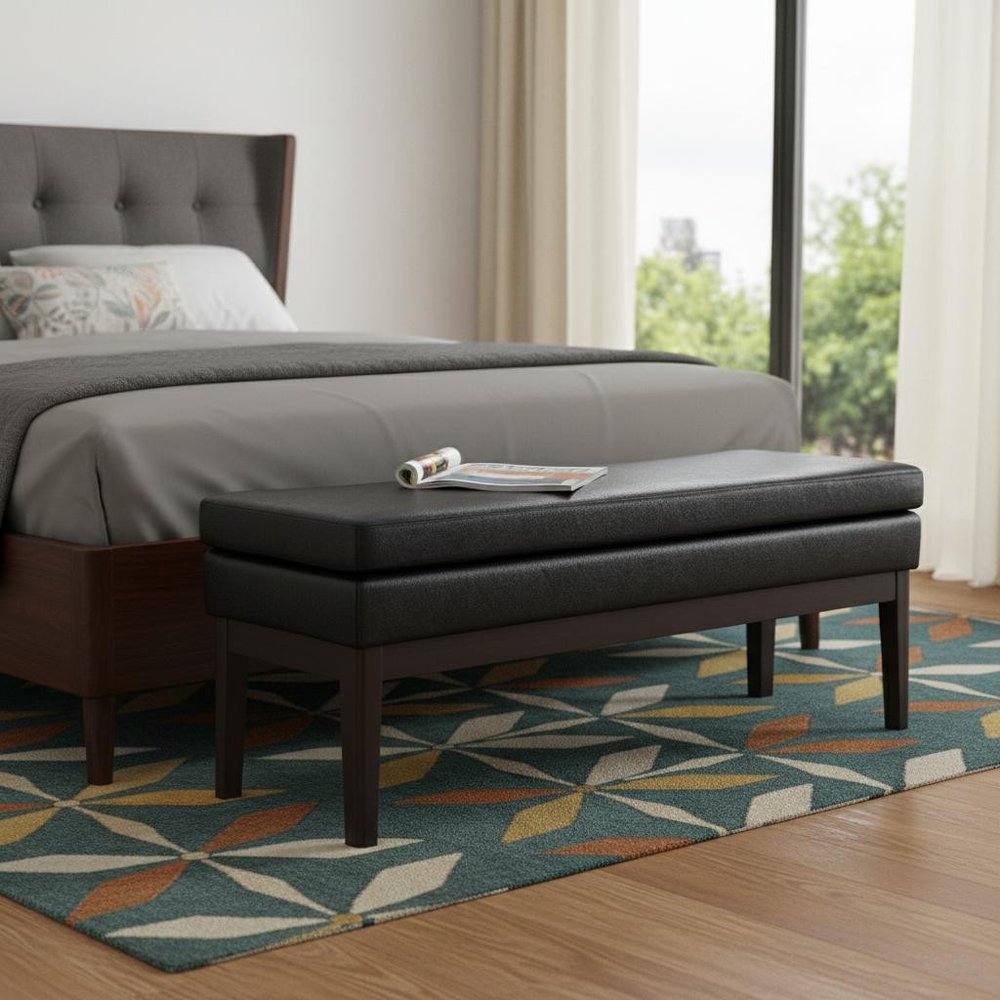 45" Black And Walnut Faux Leather And Solid Wood Upholstered Distressed Bench