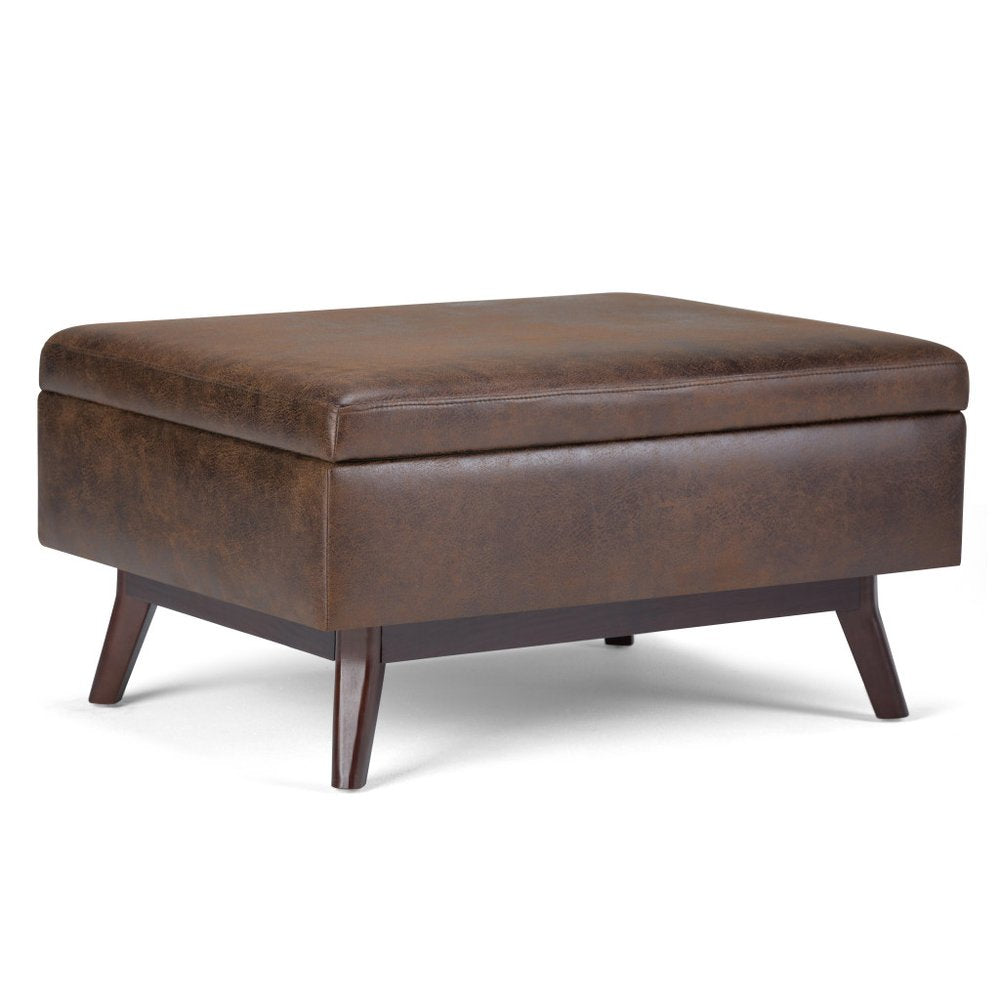 34" Chestnut And Brown Faux Leather Ottoman With Storage
