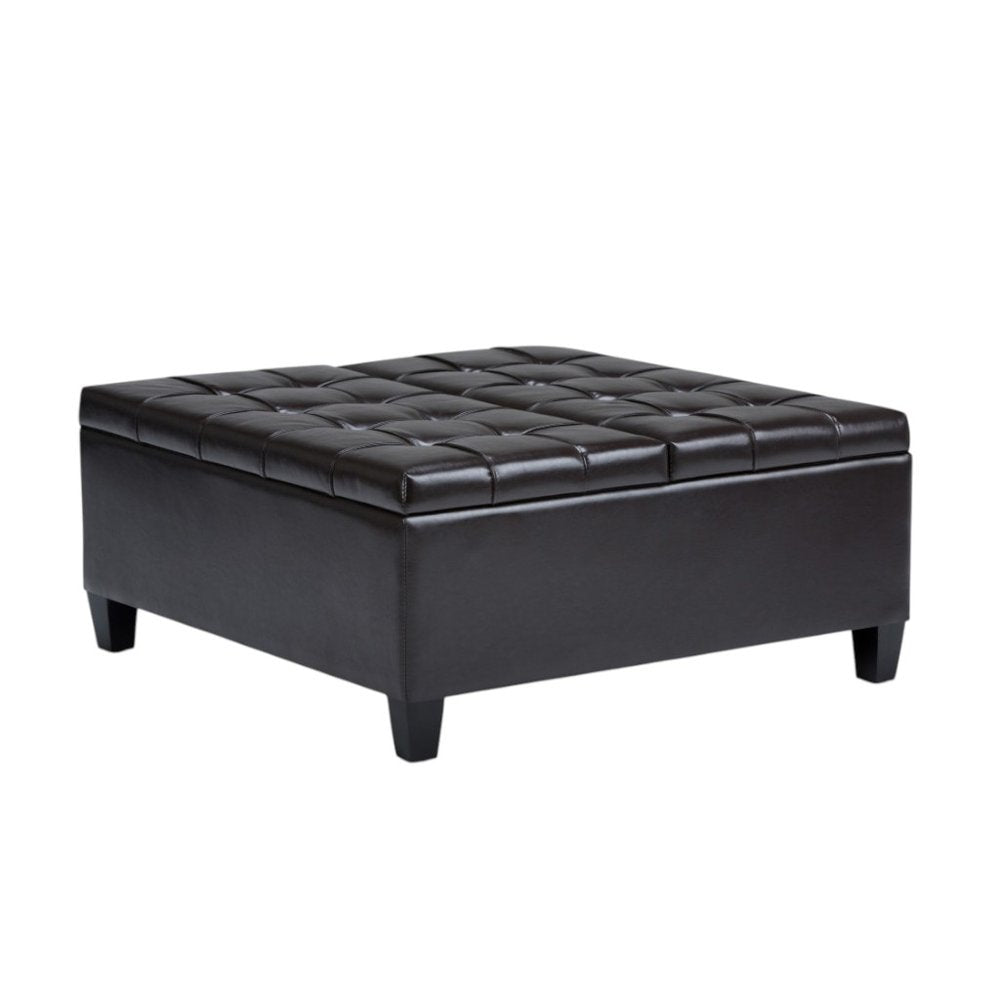 36" Brown And Espresso Faux Leather Tufted Ottoman With Storage