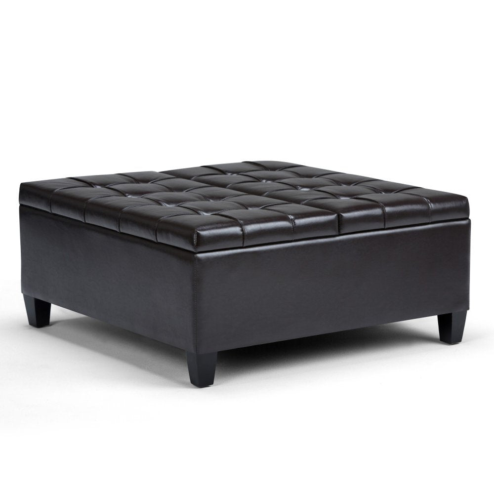 36" Brown And Espresso Faux Leather Tufted Ottoman With Storage