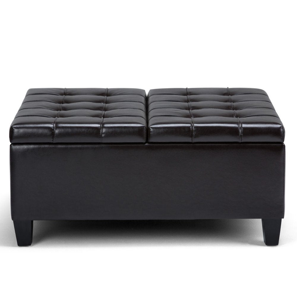 36" Brown And Espresso Faux Leather Tufted Ottoman With Storage