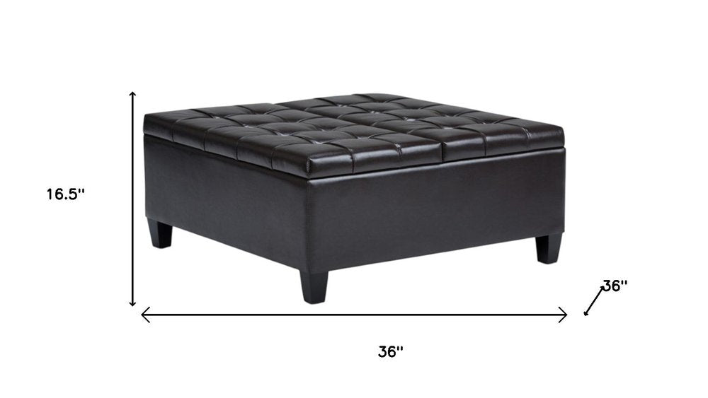 36" Brown And Espresso Faux Leather Tufted Ottoman With Storage