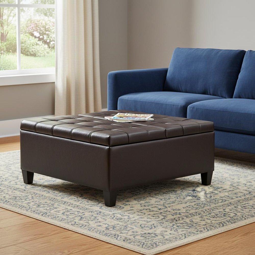 36" Brown And Espresso Faux Leather Tufted Ottoman With Storage
