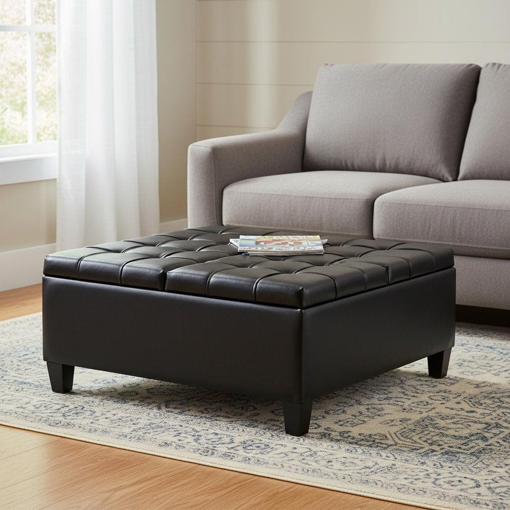 36" Brown And Espresso Faux Leather Tufted Ottoman With Storage