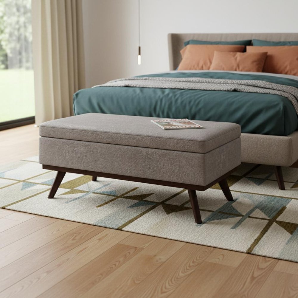 42" Taupe And Brown Faux Leather Ottoman With Storage