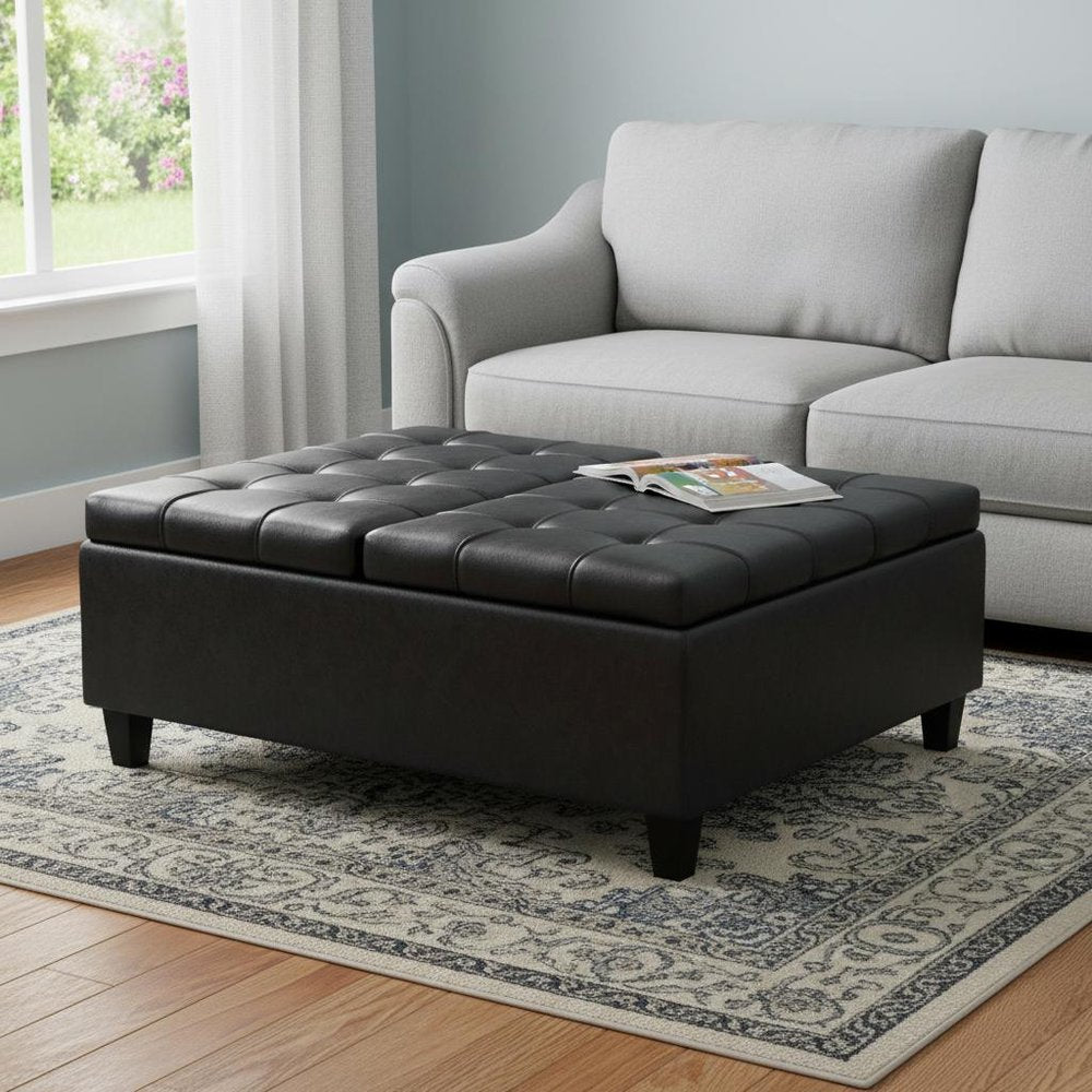 40" Black Faux Leather Tufted Ottoman With Storage