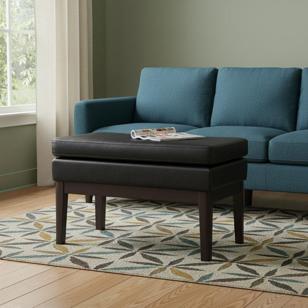 26" Brown And Walnut Faux Leather Ottoman
