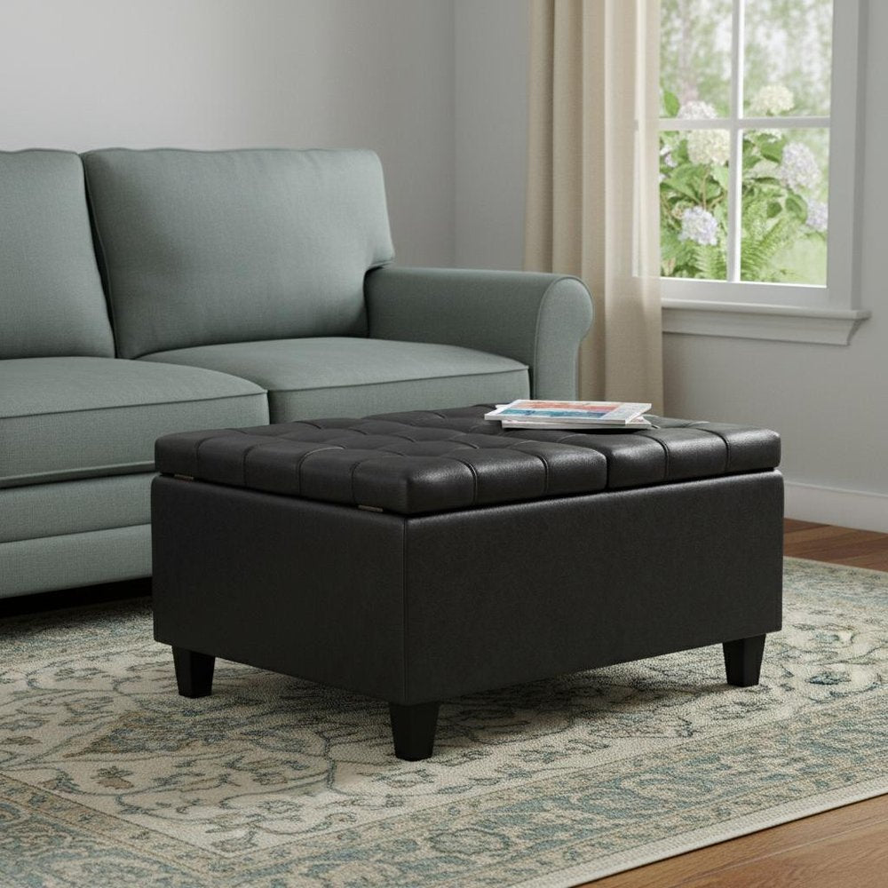 30" Brown Faux Leather Tufted Ottoman With Storage
