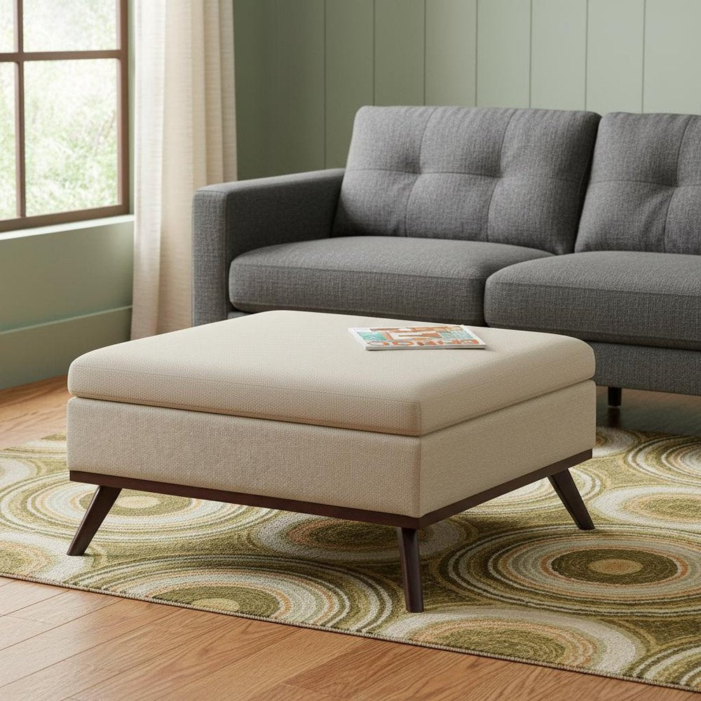 36" Natural And Brown Upholstery Ottoman With Storage