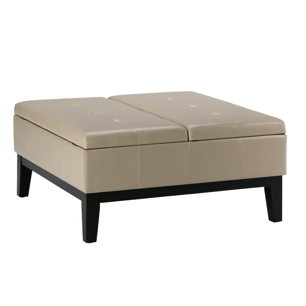 36" Cream And Dark Brown Faux Leather Tufted Ottoman With Storage