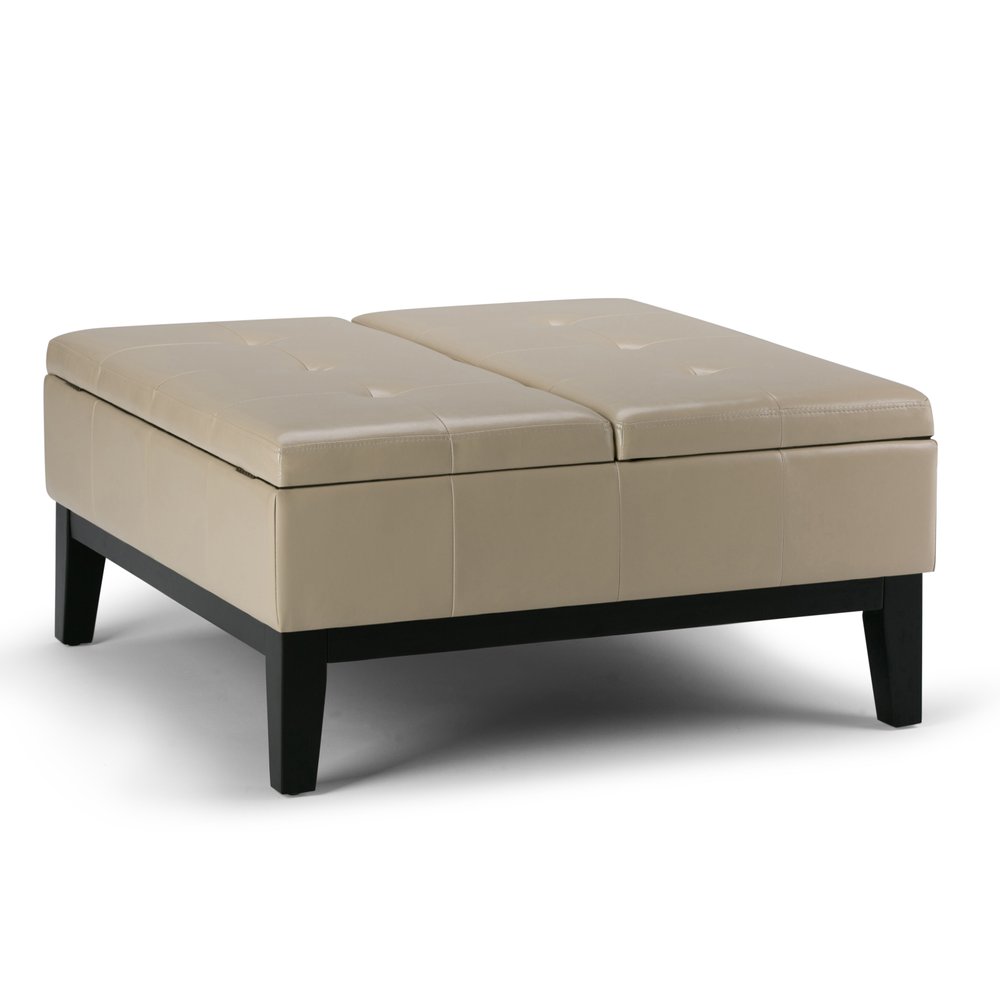 36" Cream And Dark Brown Faux Leather Tufted Ottoman With Storage