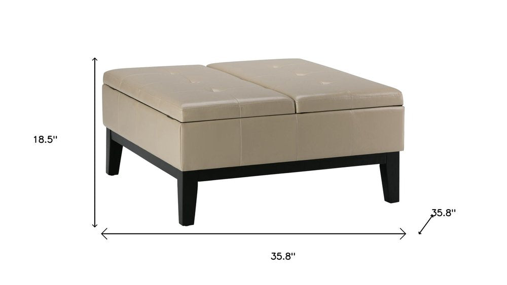 36" Cream And Dark Brown Faux Leather Tufted Ottoman With Storage
