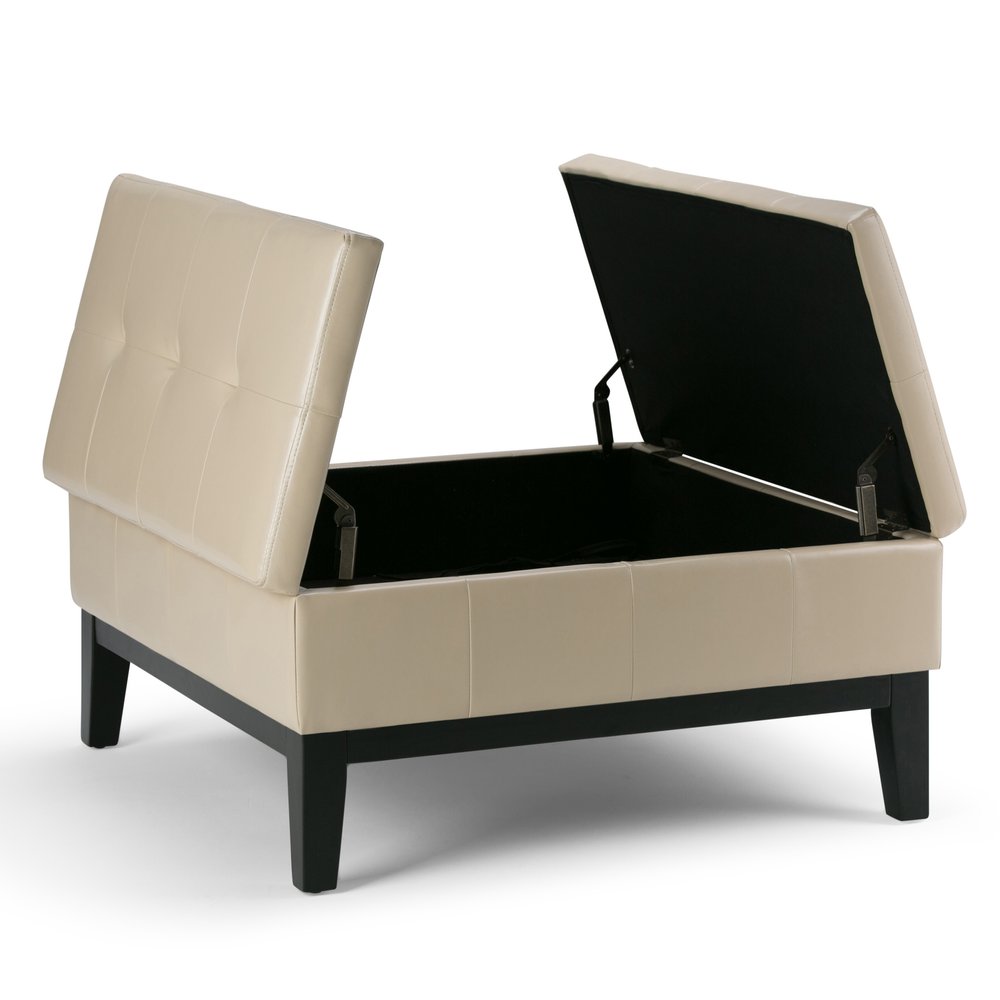 36" Cream And Dark Brown Faux Leather Tufted Ottoman With Storage