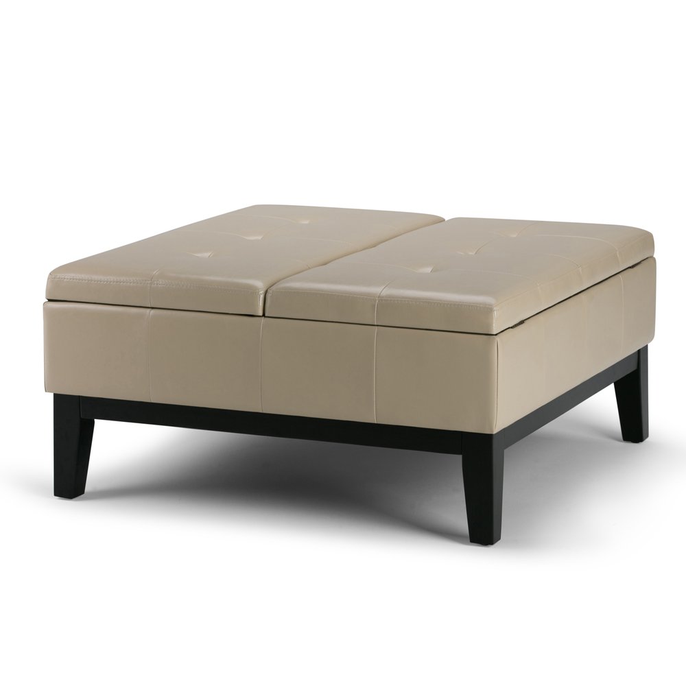 36" Cream And Dark Brown Faux Leather Tufted Ottoman With Storage