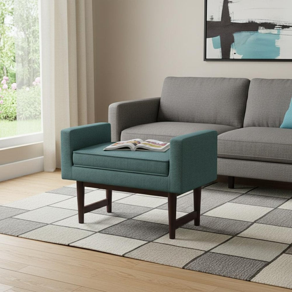 29" Teal Blue And Walnut Linen Ottoman