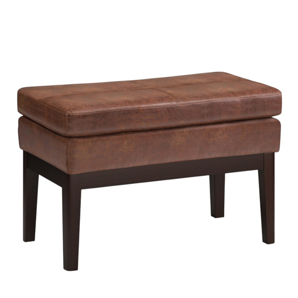 26" Brown And Walnut Faux Leather Ottoman