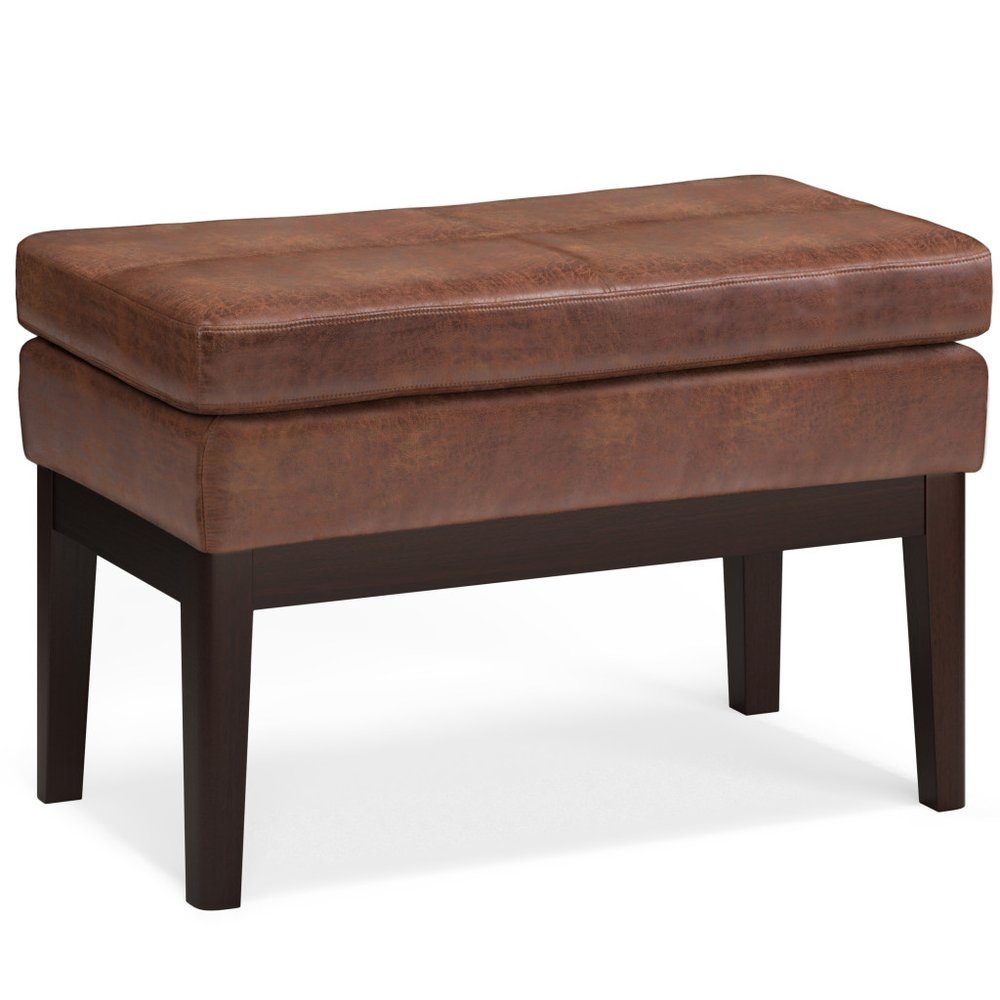 26" Brown And Walnut Faux Leather Ottoman