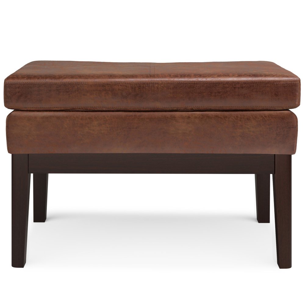 26" Brown And Walnut Faux Leather Ottoman