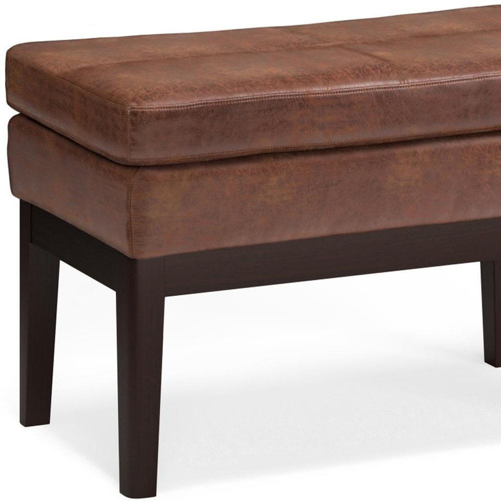 26" Brown And Walnut Faux Leather Ottoman