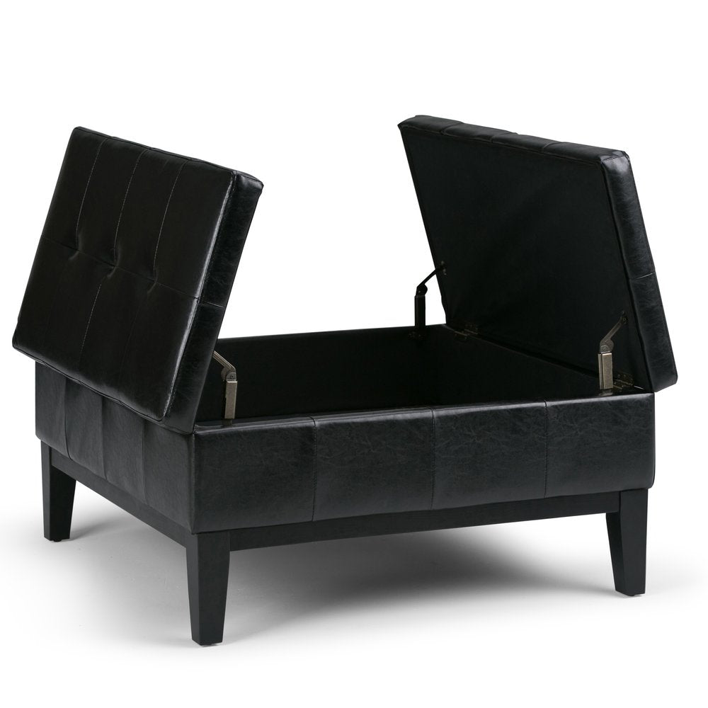 36" Cream And Dark Brown Faux Leather Tufted Ottoman With Storage