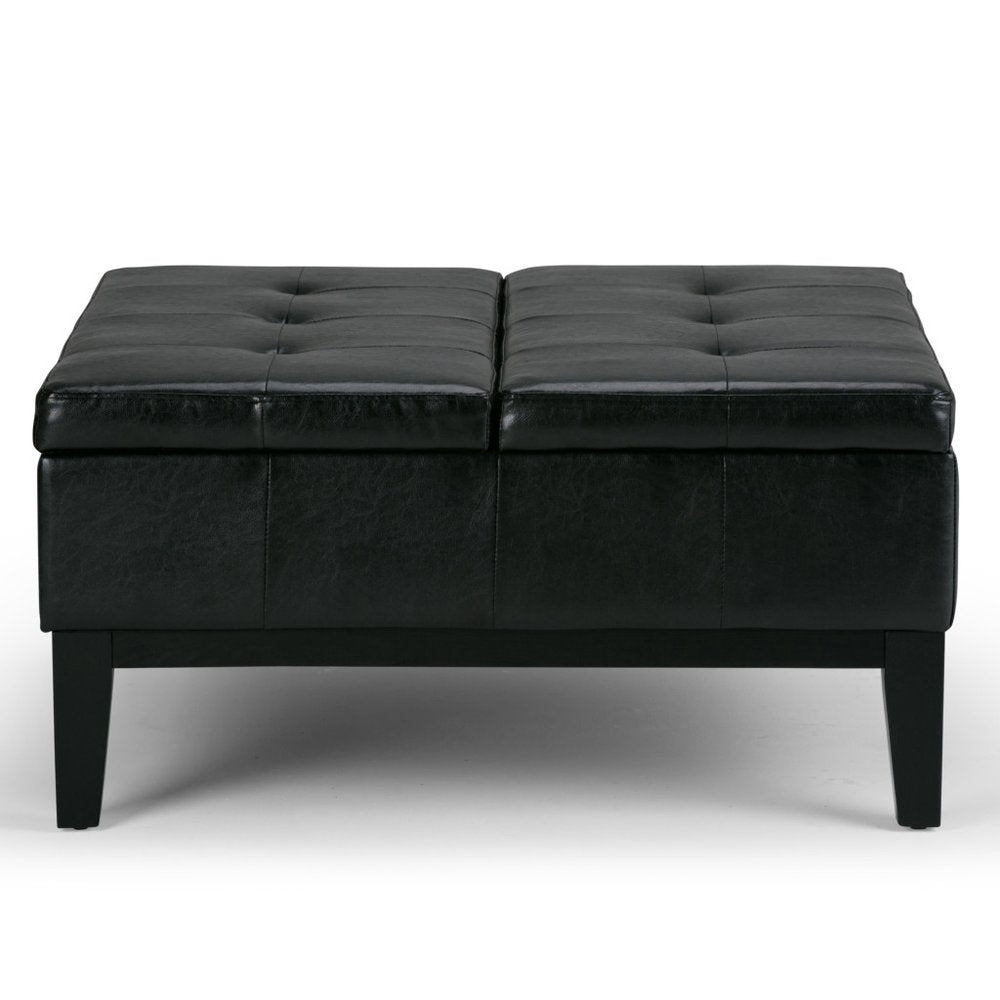 36" Cream And Dark Brown Faux Leather Tufted Ottoman With Storage
