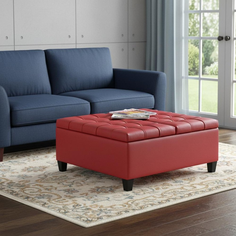36" Crimson And Espresso Faux Leather Tufted Ottoman With Storage