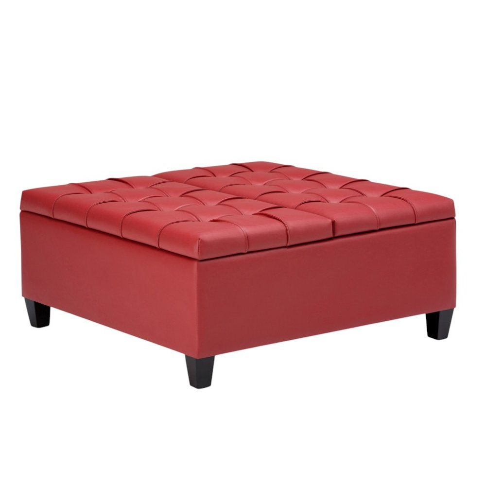 36" Crimson And Espresso Faux Leather Tufted Ottoman With Storage