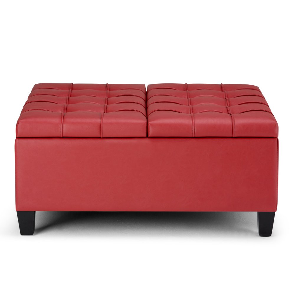 36" Crimson And Espresso Faux Leather Tufted Ottoman With Storage