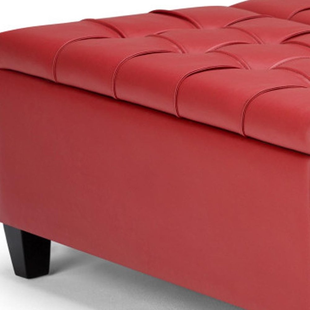 36" Crimson And Espresso Faux Leather Tufted Ottoman With Storage