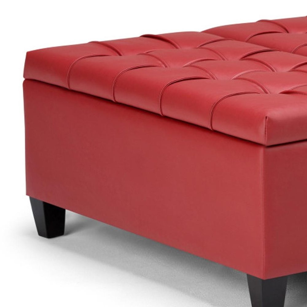36" Crimson And Espresso Faux Leather Tufted Ottoman With Storage