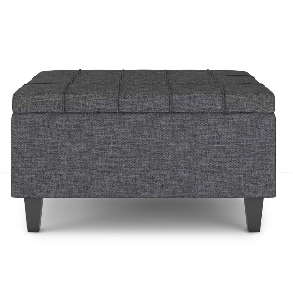 34" Gray and Dark Brown Linen Tufted Cocktail Ottoman With Storage