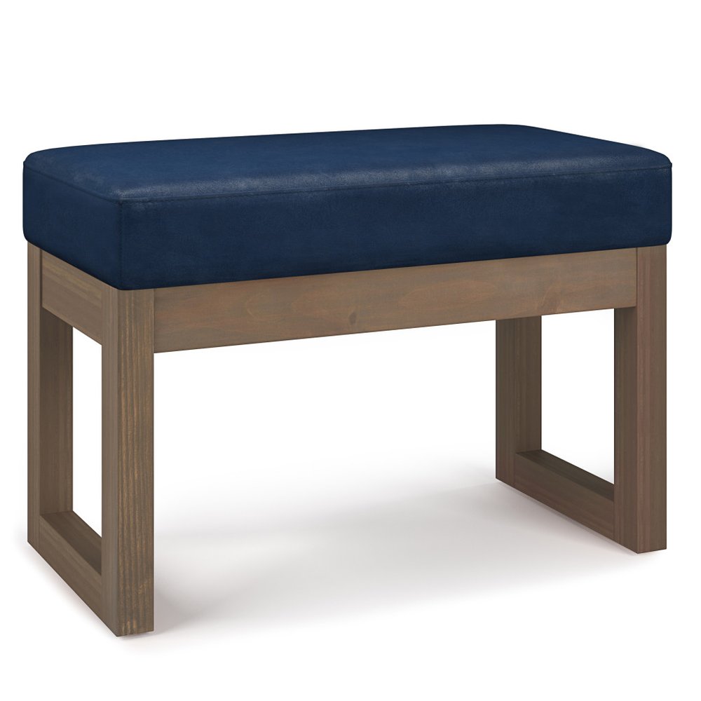 27" Dark Blue And Brown Faux Leather Footstool