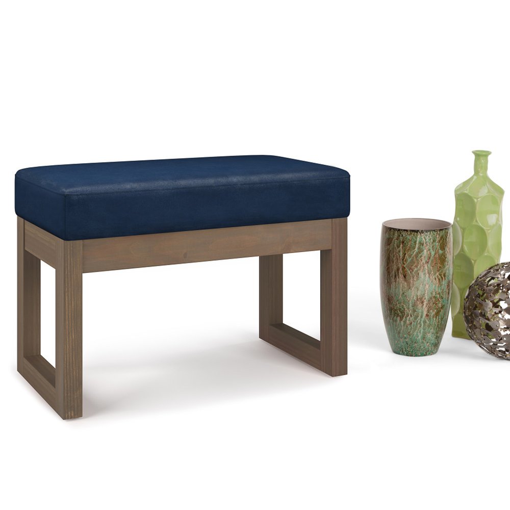 27" Dark Blue And Brown Faux Leather Footstool