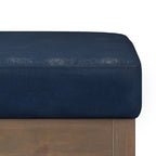 27" Dark Blue And Brown Faux Leather Footstool