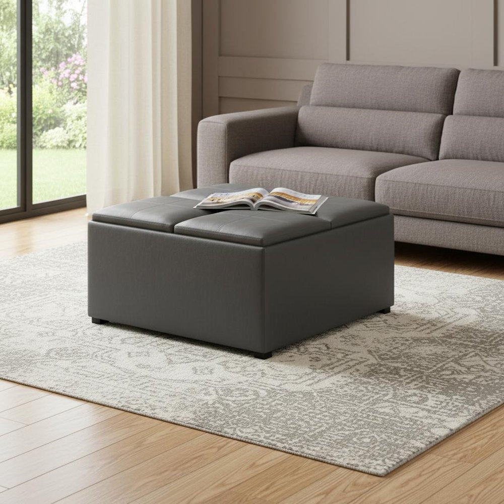 35" Black Faux Leather Ottoman With Storage