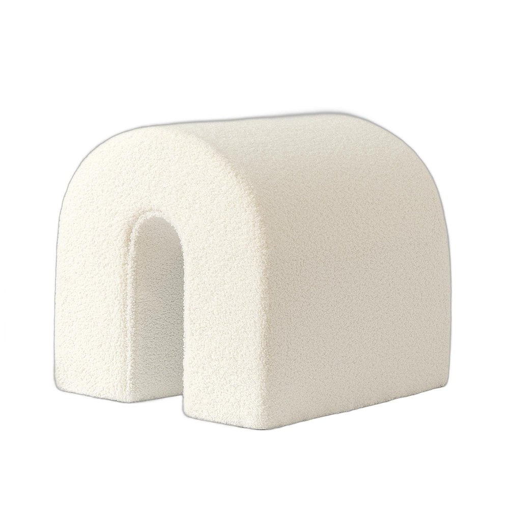 17" White Boucle Oval Footstool Ottoman