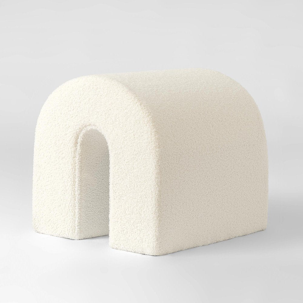 17" White Boucle Oval Footstool Ottoman