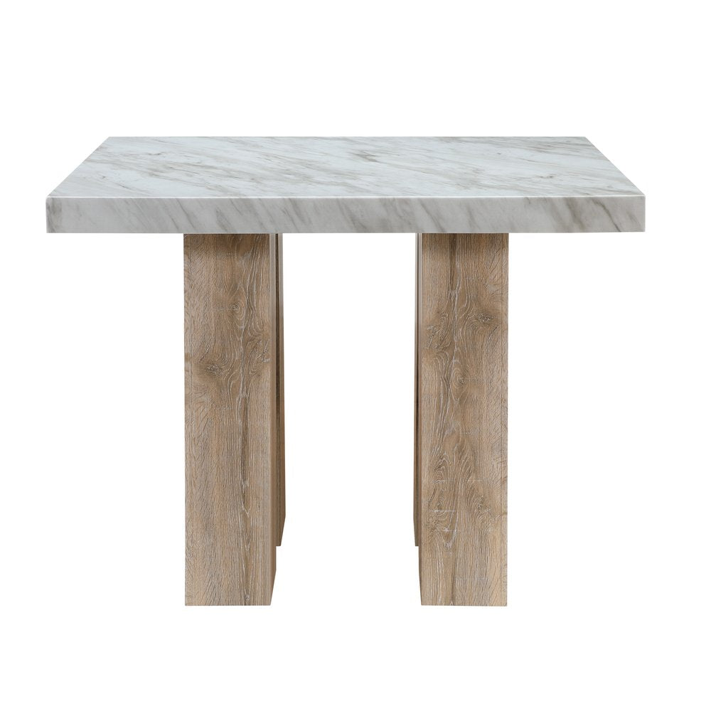 48" White and Natural Wood And Faux Marble Square Counter Height Bar Table