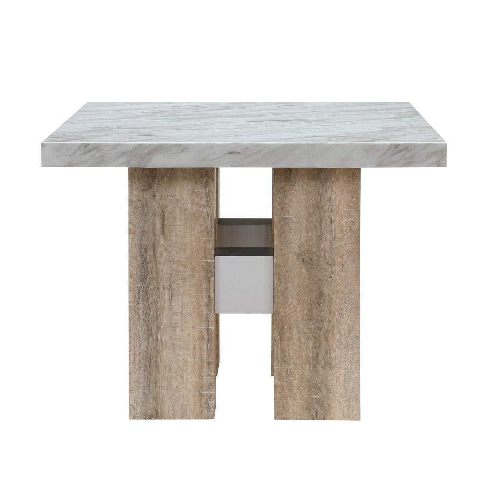 48" White and Natural Wood And Faux Marble Square Counter Height Bar Table