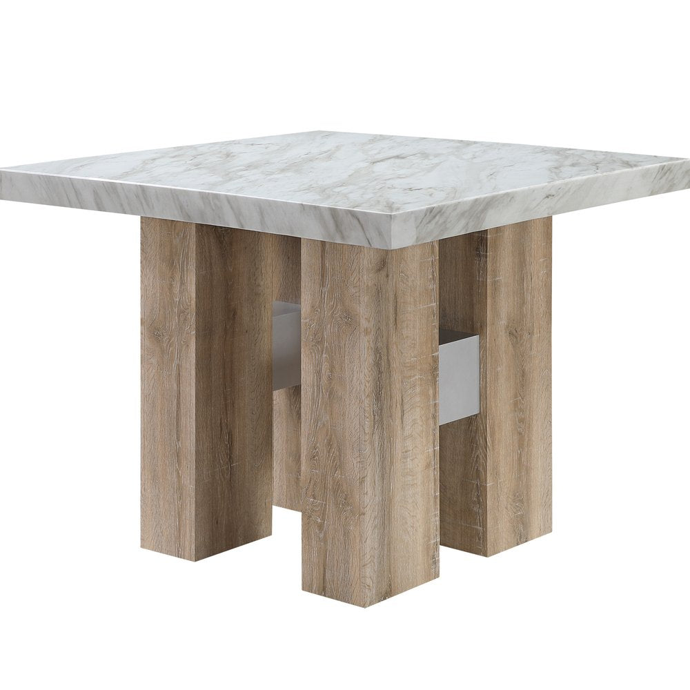 48" White and Natural Wood And Faux Marble Square Counter Height Bar Table