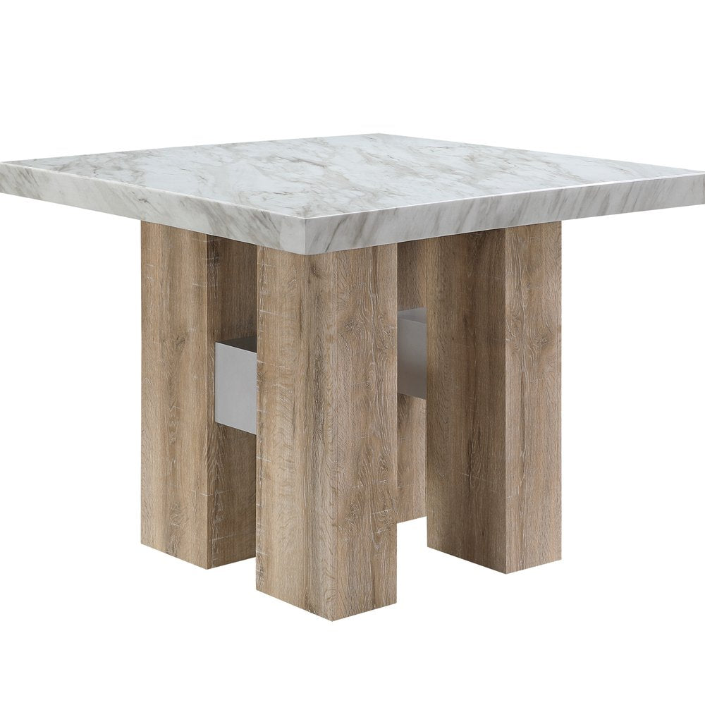 48" White and Natural Wood And Faux Marble Square Counter Height Bar Table