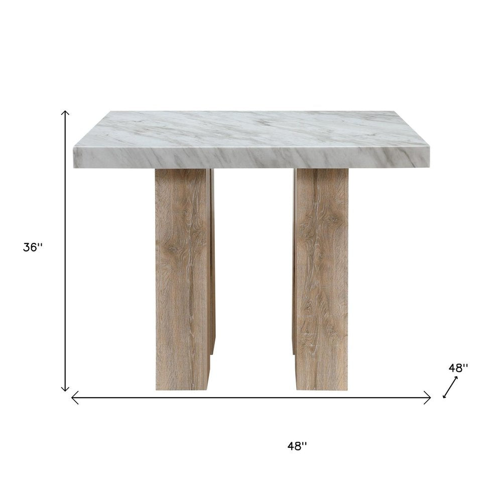 48" White and Natural Wood And Faux Marble Square Counter Height Bar Table