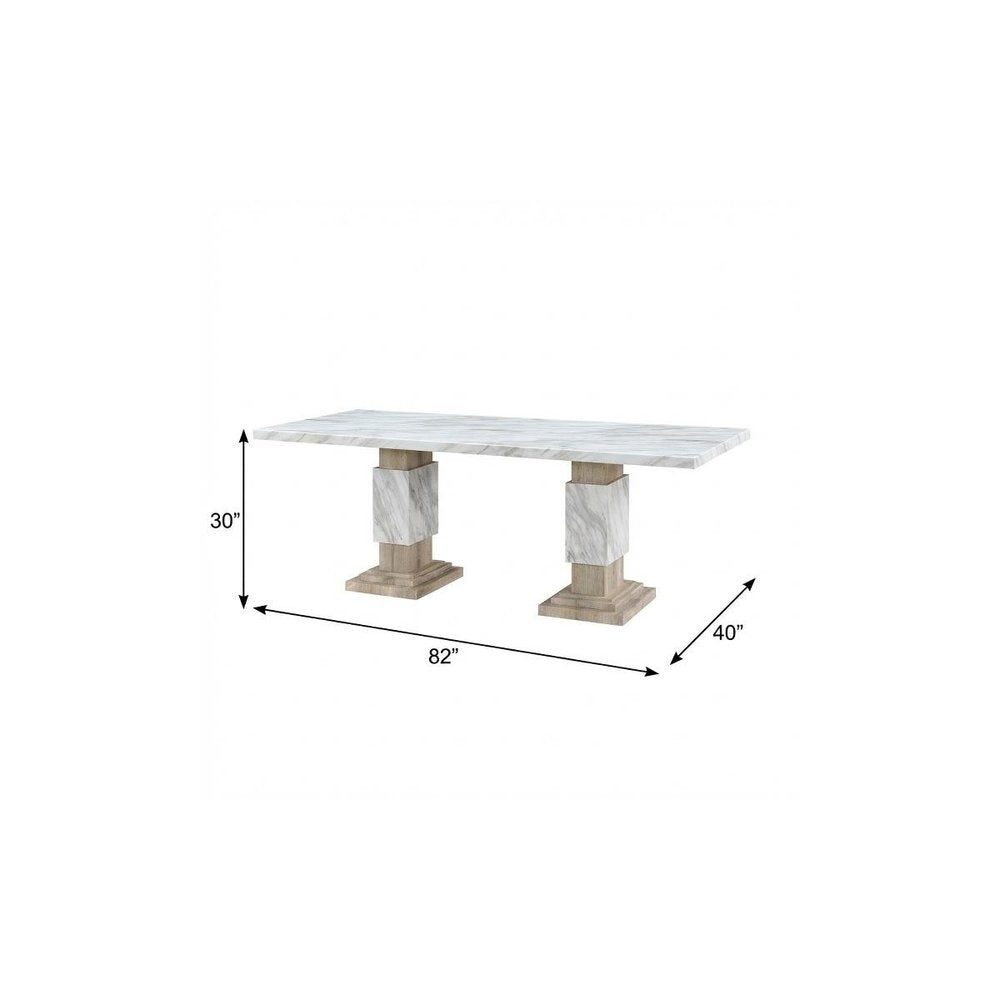 82" Black and White Faux Marble and Wood Double Pedestal Base Dining Table