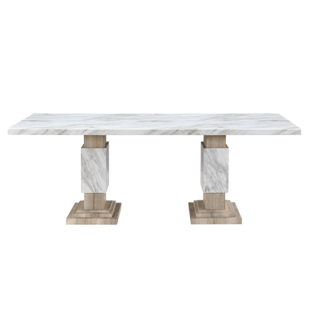 82" Black and White Faux Marble and Wood Double Pedestal Base Dining Table