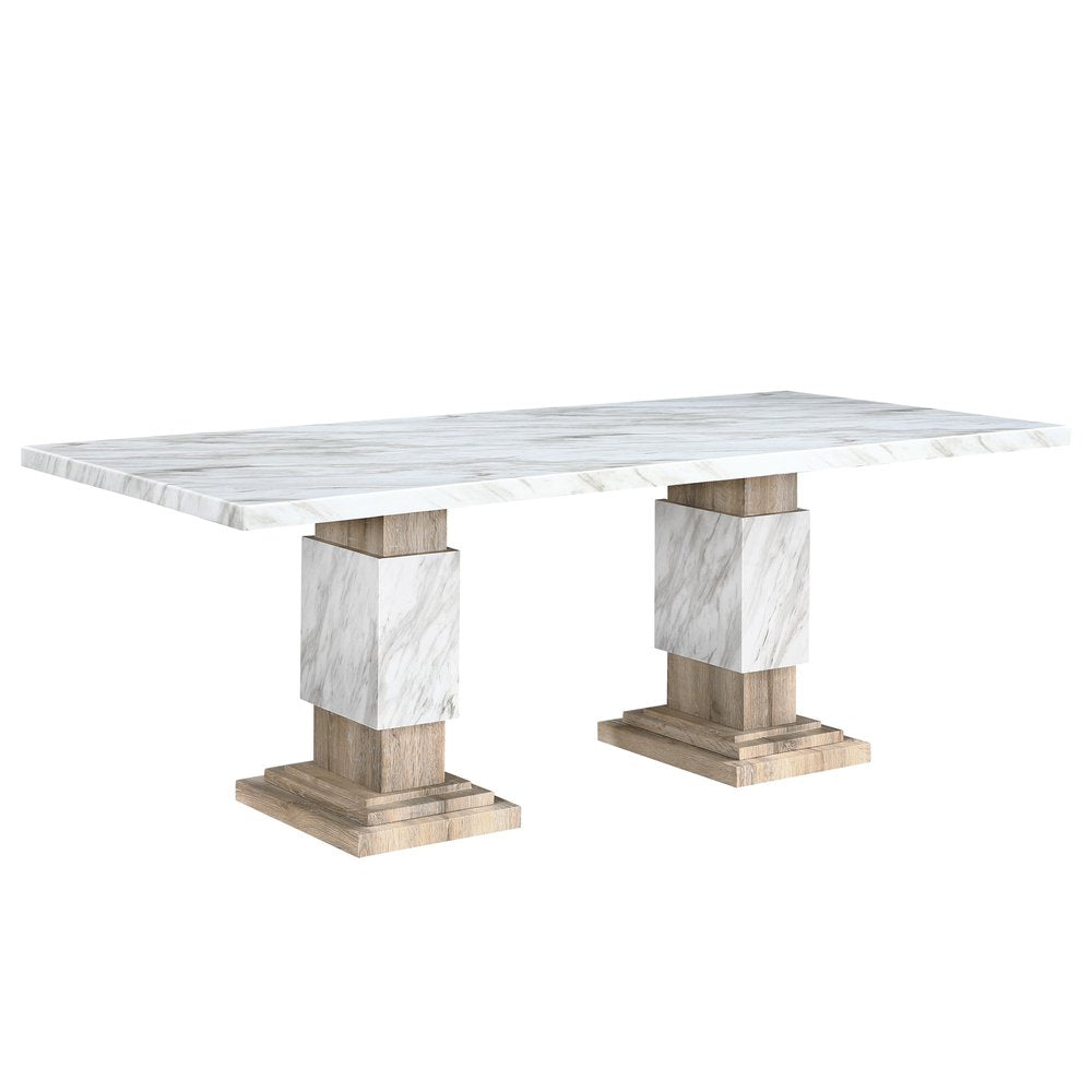 82" Black and White Faux Marble and Wood Double Pedestal Base Dining Table