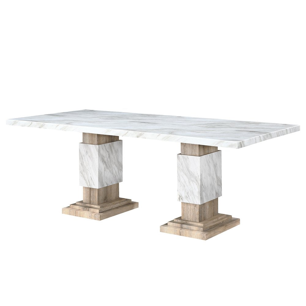 82" Black and White Faux Marble and Wood Double Pedestal Base Dining Table