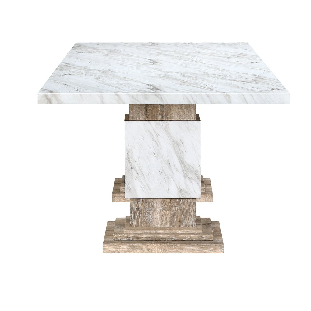 82" Black and White Faux Marble and Wood Double Pedestal Base Dining Table