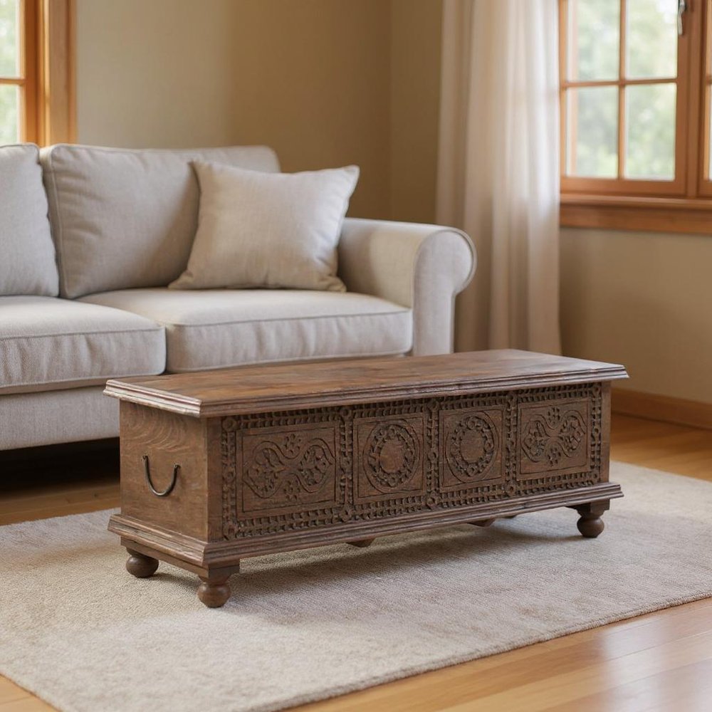 54" Brown Solid Wood Medallion Ottoman With Storage