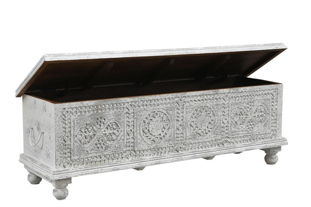 54" White Solid Wood Medallion Ottoman With Storage
